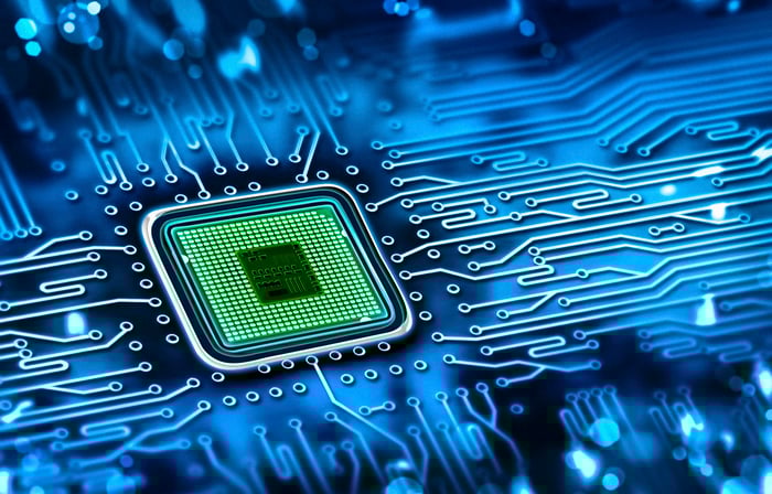 A chip on a circuit board.