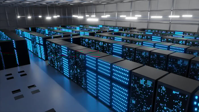 Room of data center servers for AI.