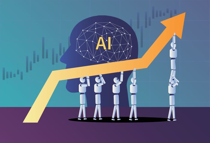 ai robots holding chart going up and right.
