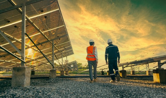 Workers at a solar energy installation. 