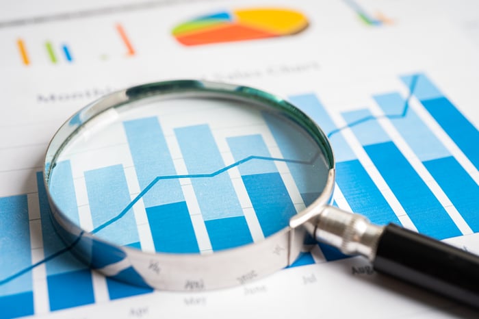 A magnifying glass hovers over an upward-trending bar chart.