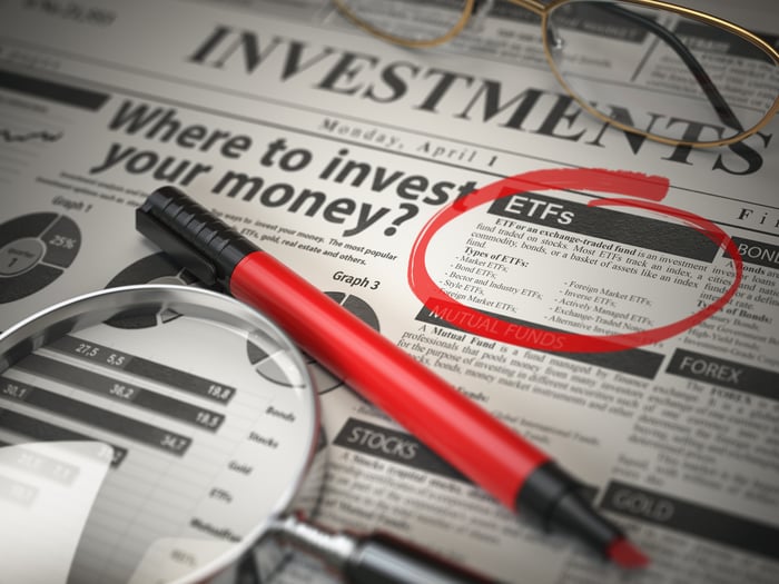 A newspaper with a headline that says where to invest your money. Someone has circled ETFs in red ink on the page. 