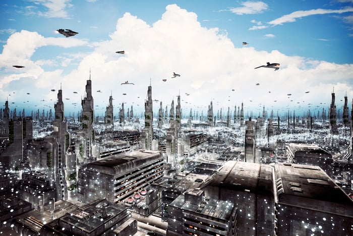 A futuristic city with flying cars in the sky.