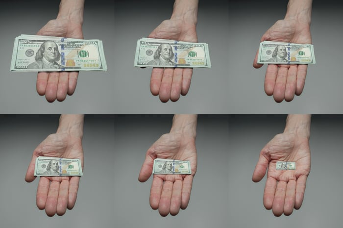 A series of hands showing shrinking bills to demonstrate less buying power.