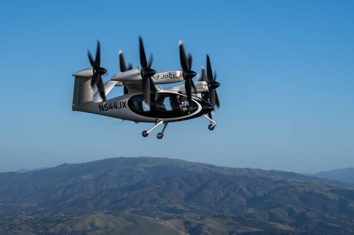 A Joby Aviation aircraft in flight.