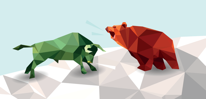 Cartoon of a green bull and a red, roaring bear. 