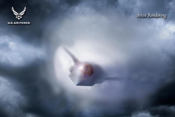 Artist's conception of F-47 fighter jet in flight. 