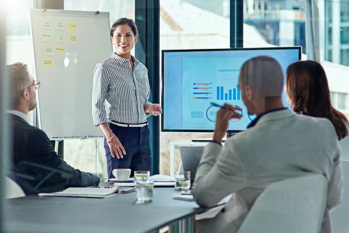 Smiling investor giving a presentation to three interested people sitting around a table.