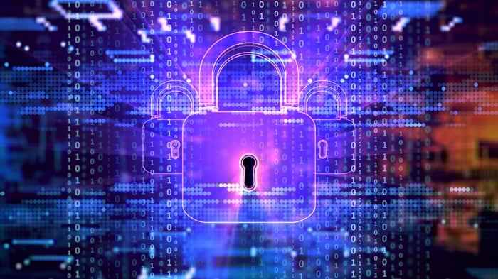 A digital padlock on a computer network.