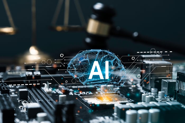 A computer chip with a digital brain and the letters AI hanging over it. 