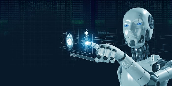 An AI humanoid robot pressing a virtual button. 