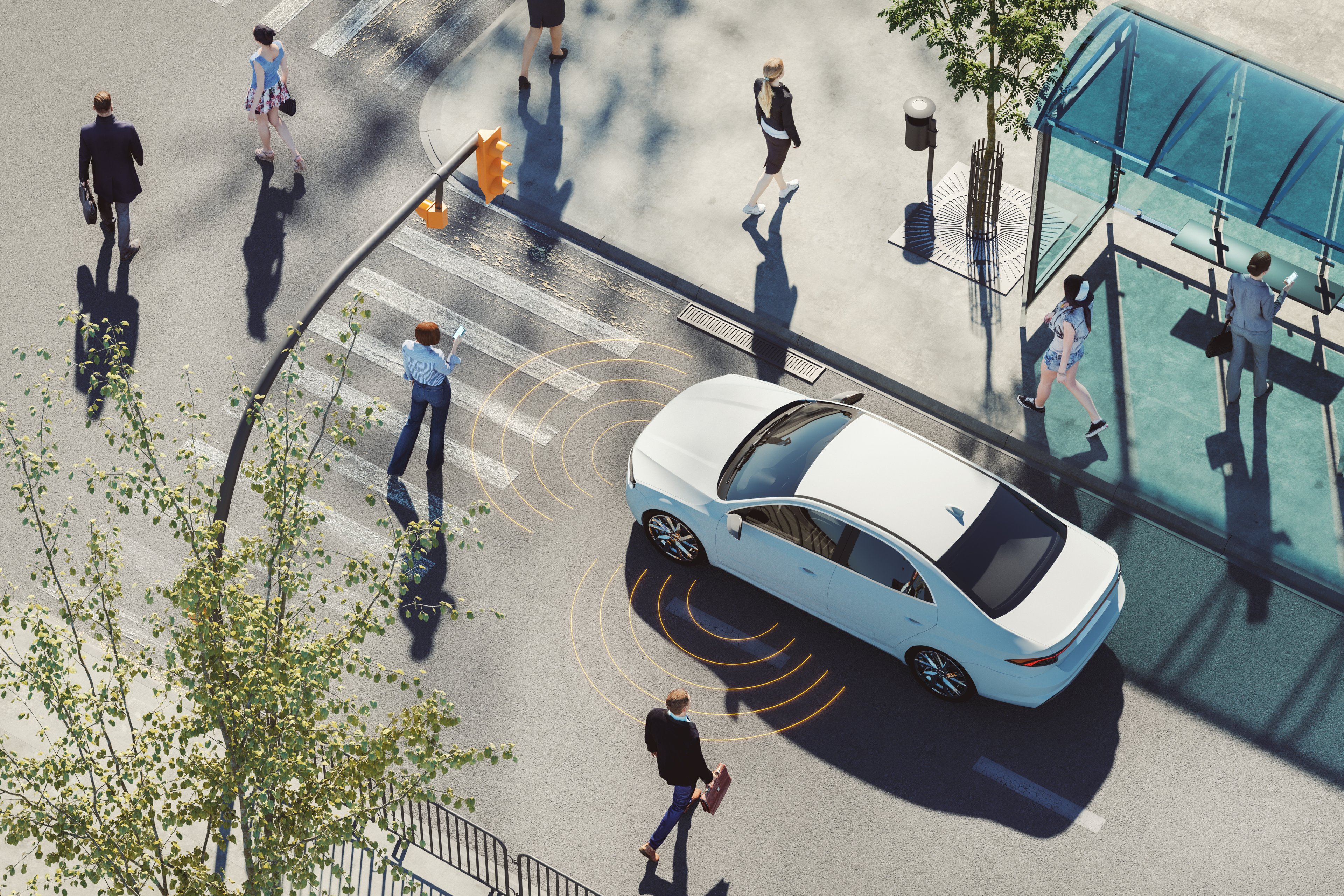 An autonomous vehicle on a busy street.