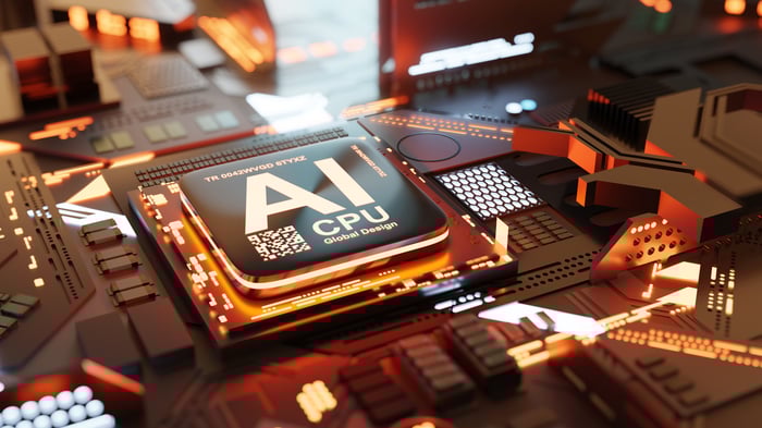 A computer chip with AI printed on top of it. 