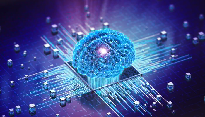 An illustration of a digital brain on a circuit board.