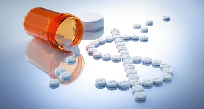Pills spilled in a dollar sign pattern.