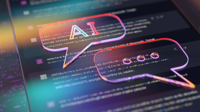 An illustration of AI chat bubbles on a screen.