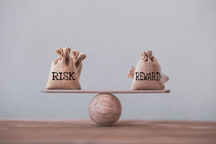 Bags labeled Risk and Reward balancing on a seesaw.