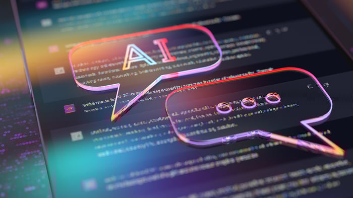 AI text bubbles on a digital screen.