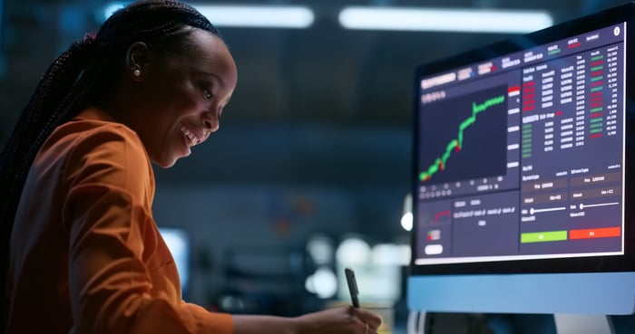 A person smiling in front of a stock chart on a computer monitor.