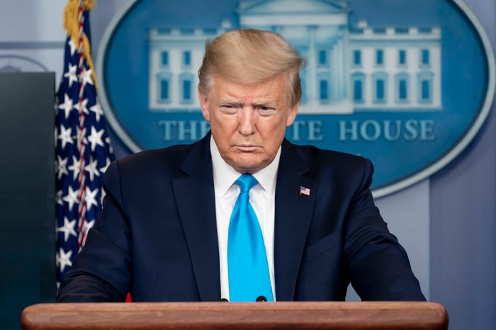 Donald Trump delivering remarks in the White House press briefing room.