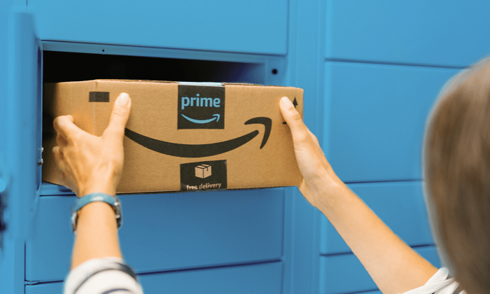 Amazon locker with package inside.