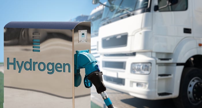 A truck is connected to a hydrogen refueling station.