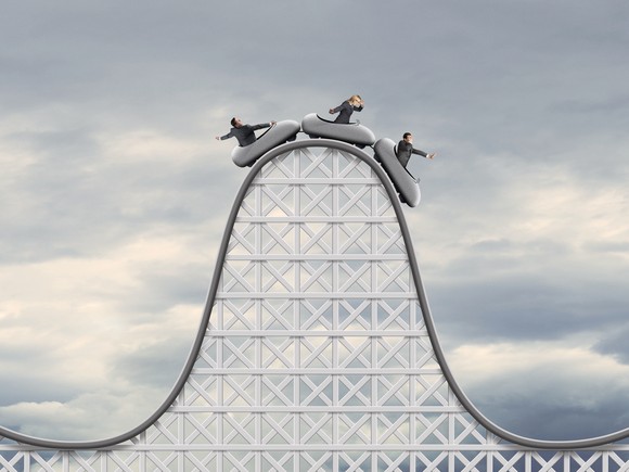 A rollercoaster going downhill. 