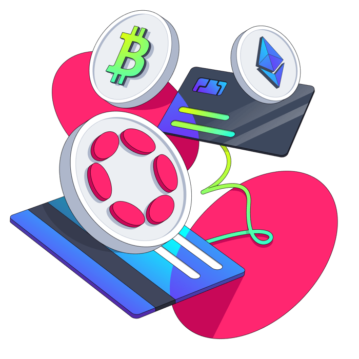 Icons with Polkadot, Bitcoin, and Ethereum logos hovering around credit cards.