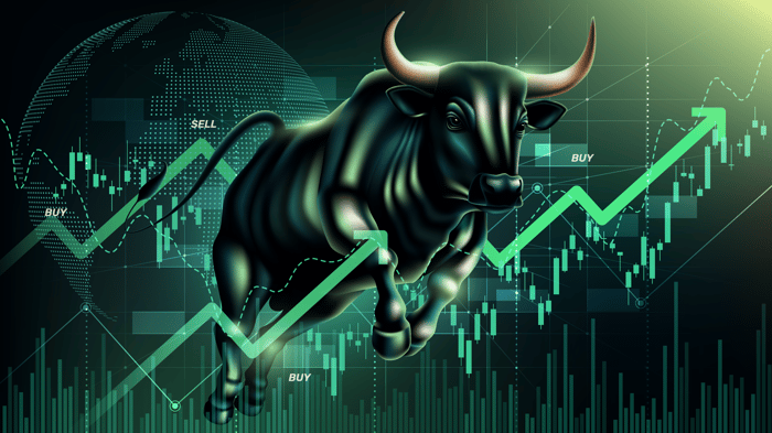 A stock chart going up and to the right, with a bull in the middle of the stock chart.