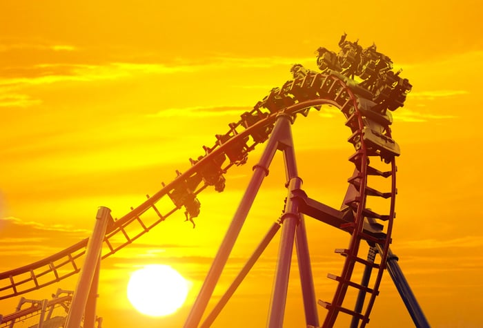 inverted roller coaster during sunset.