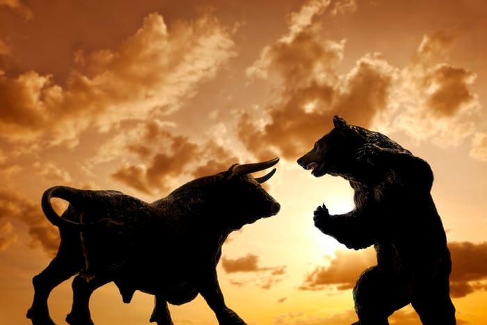 Bull and bear silhouettes backed by a sunset.