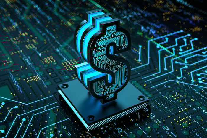Digital dollar symbol on a circuit board.