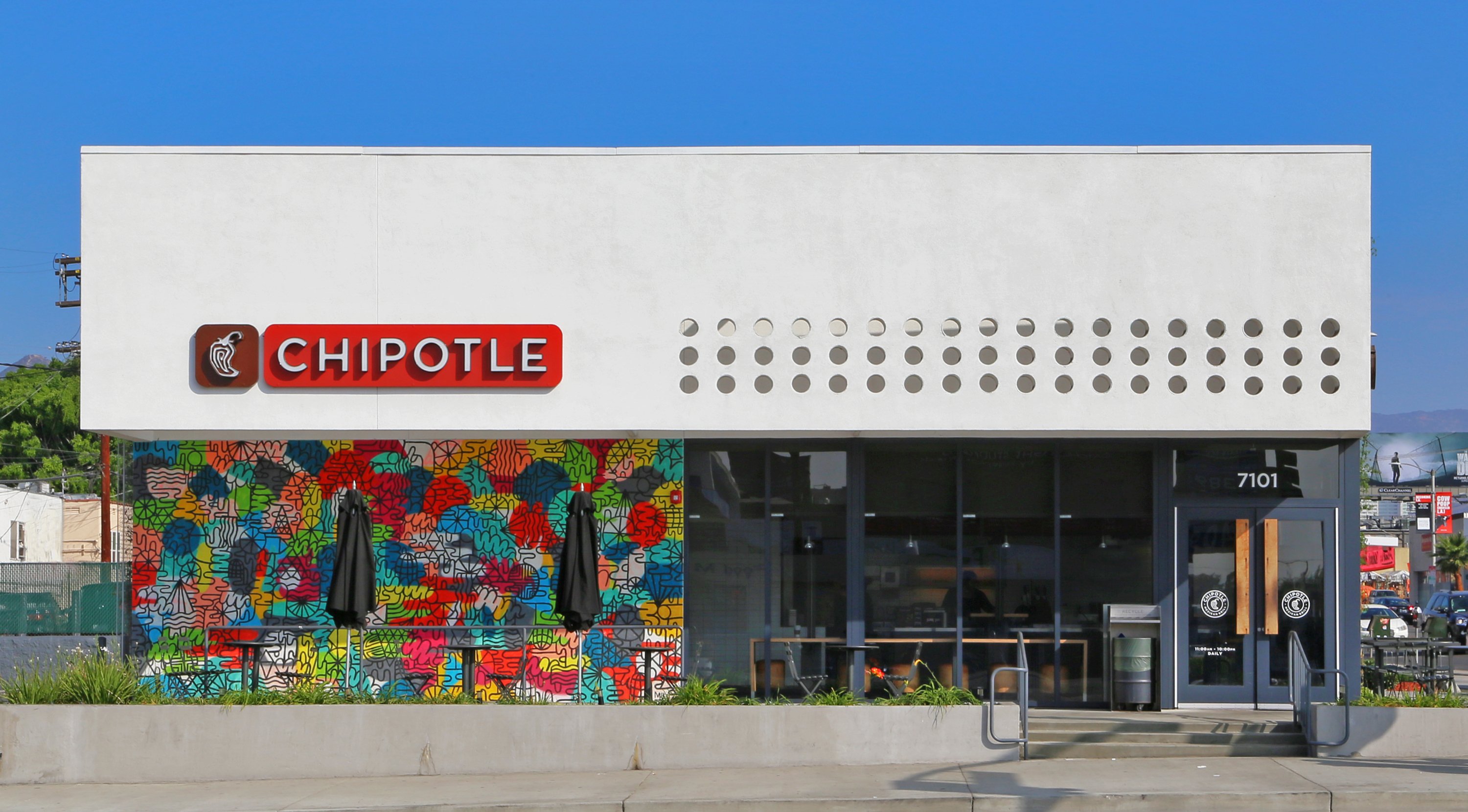 The exterior of a Chipotle restaurant. 