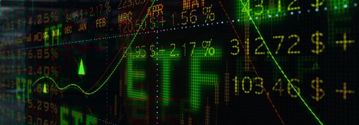 ETF on top of stock charts, numbers, and tickers.