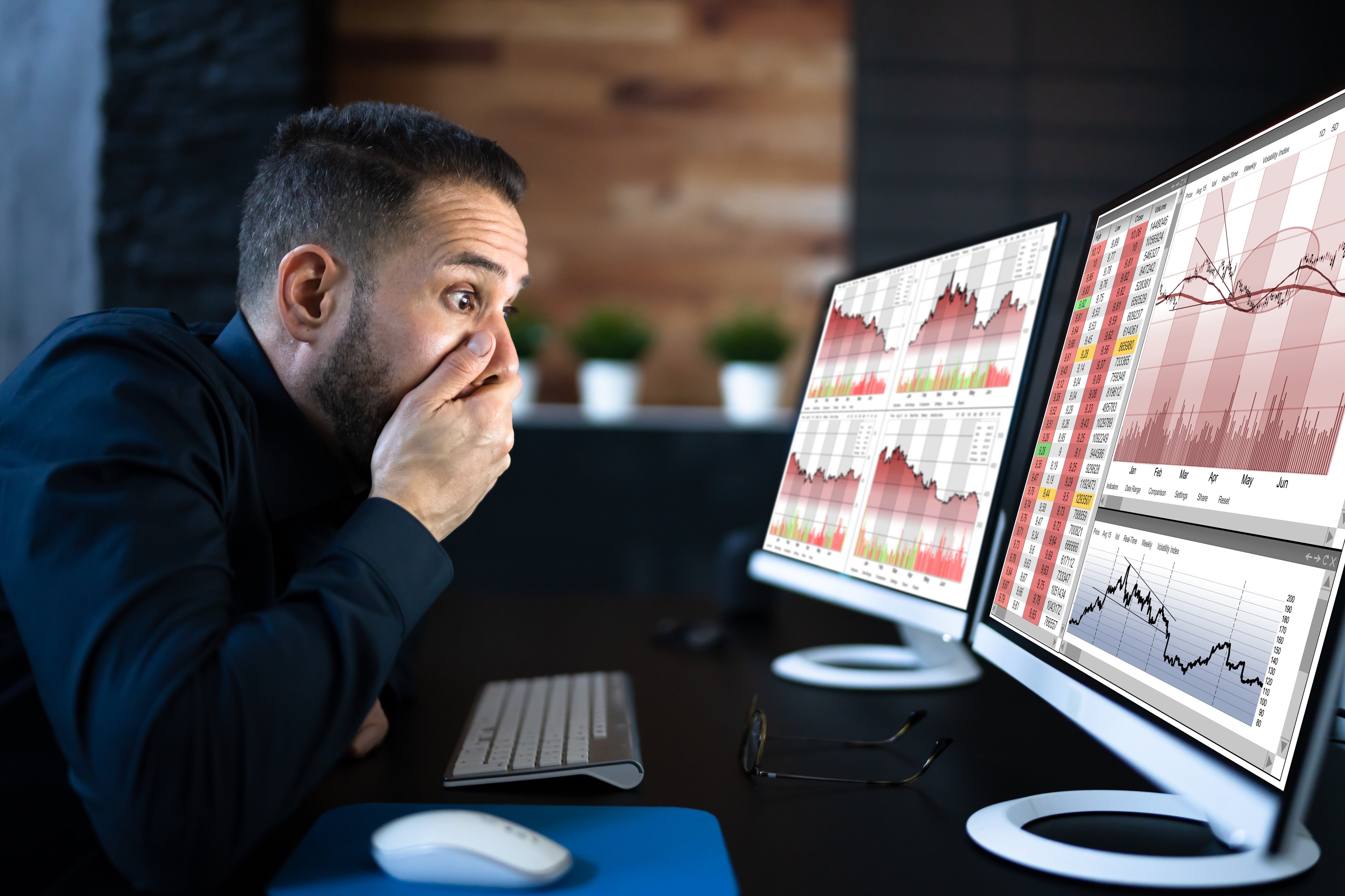 Shocked investor looing at a stock chart on the computer