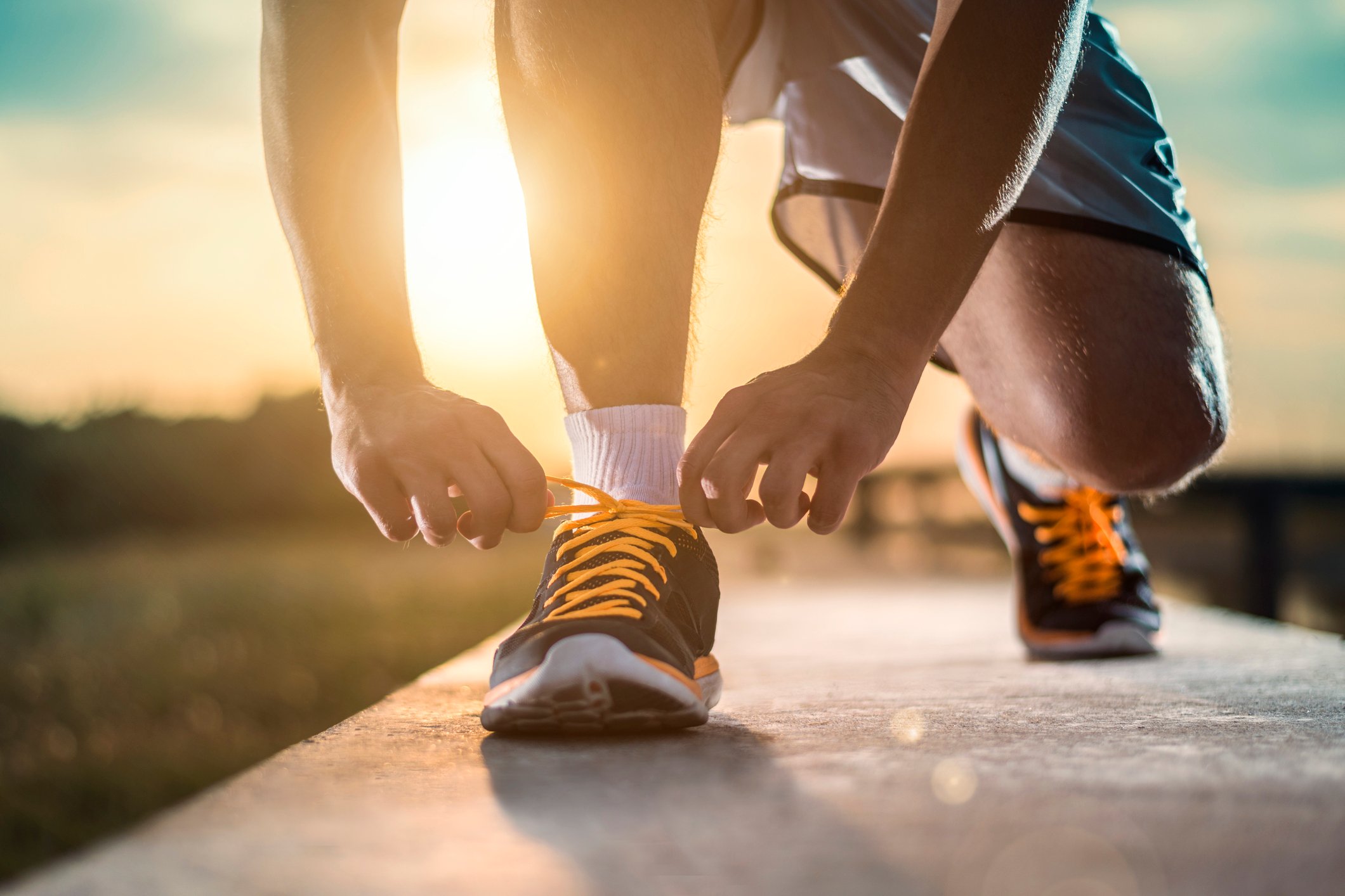 Foot race lacing up shoes