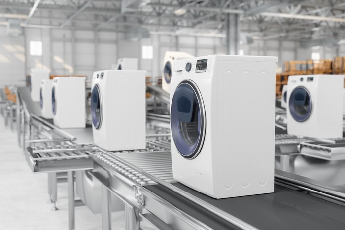 Clothes washers on an assembly line.