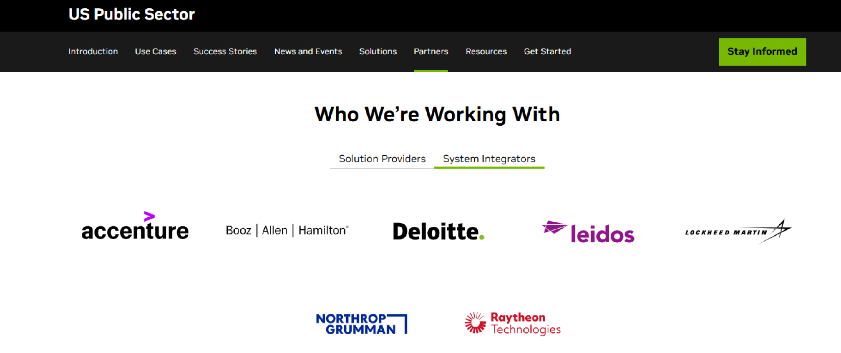 Nvidia's website page listing its "U.S. Public Sector" partners.