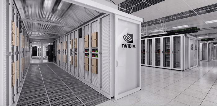 Nvidia emblem on rows of company servers. 