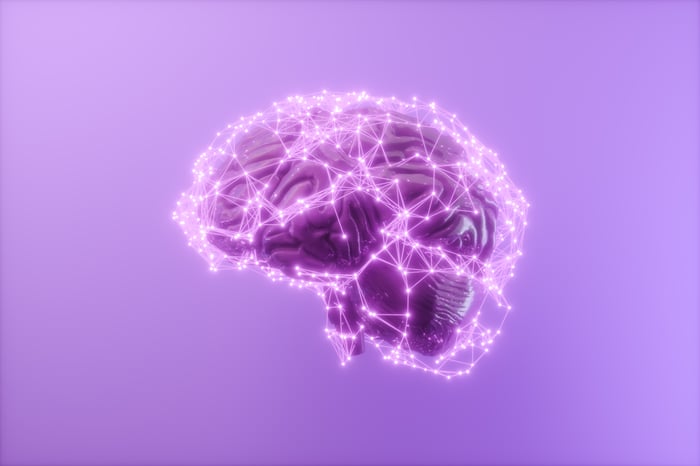A network of connected dots on an artist's rendering of a brain.