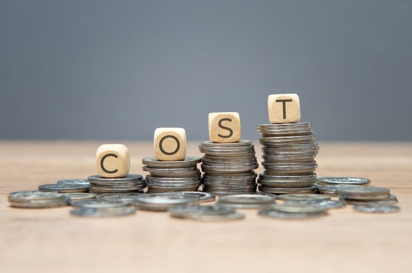 Four stacks of quarters, each larger than the stack before. On top of each stack of coins is a wooden block with a letter, spelling out the word "Cost." 