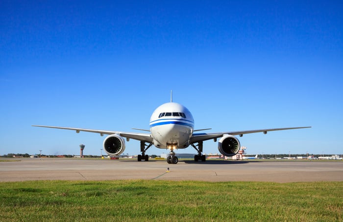 Frontal view of a Boeing 777.