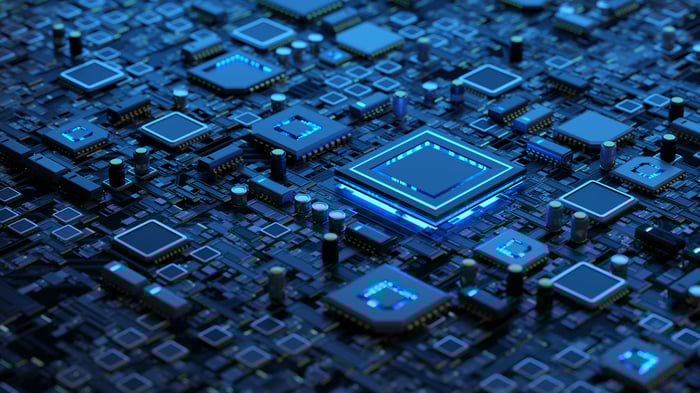 A computer chip up close.