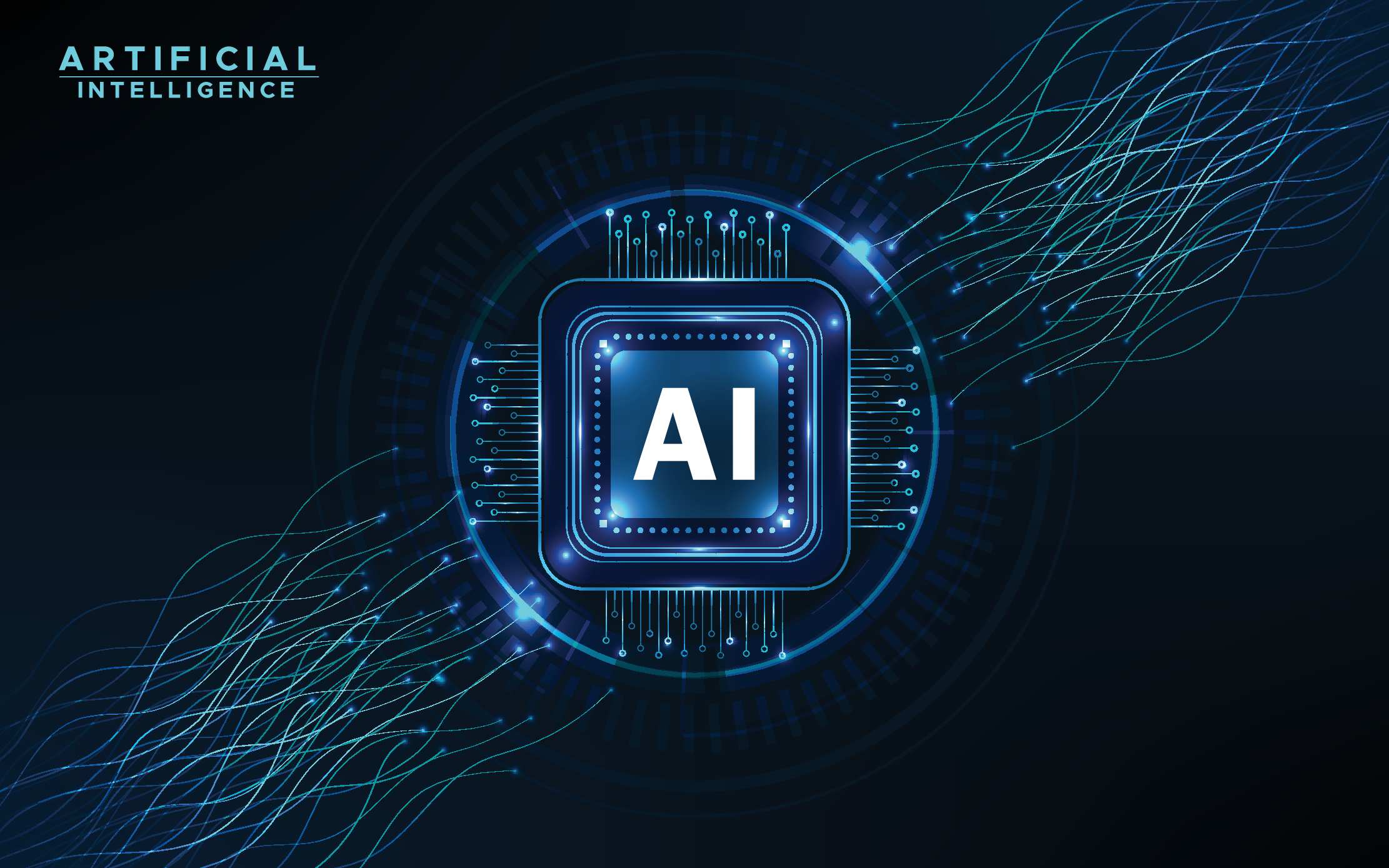 AI symbol inside computer chip with artificial intelligence in the top left corner.