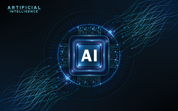 AI symbol inside computer chip with artificial intelligence in the top left corner.