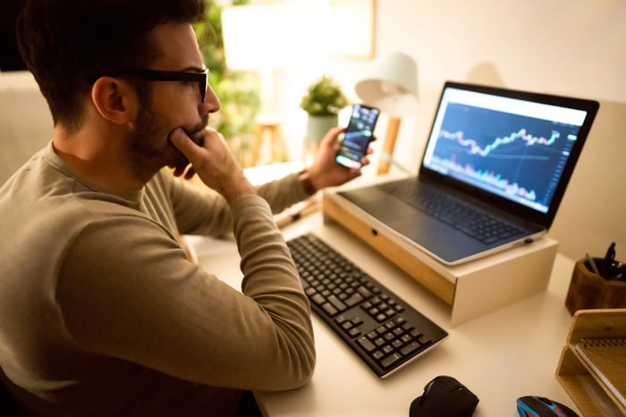 Individual investor looking at charts on a laptop and a phone.