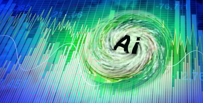 AI in a vortex overlaid on charts.