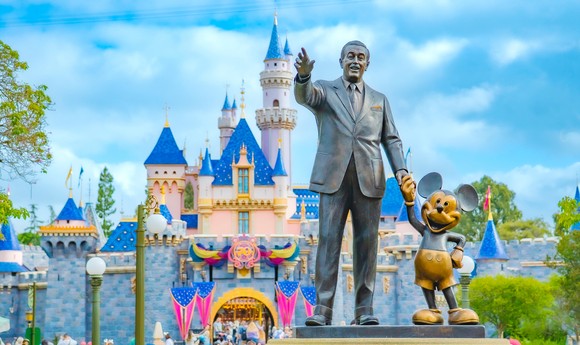 A statue of Walt Disney and Mickey Mouse in front of the castle at Disneyland in California, celebrating the original resort turning 70 during the fiscal third quarter.