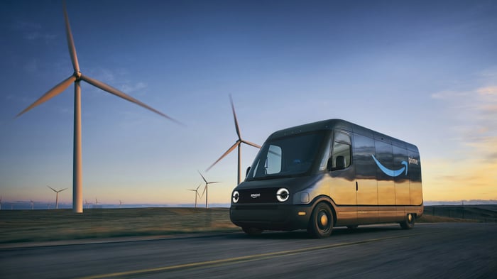 An Amazon delivery van in front of wind turbines.