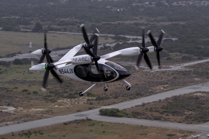 A Joby vehicle in midair.